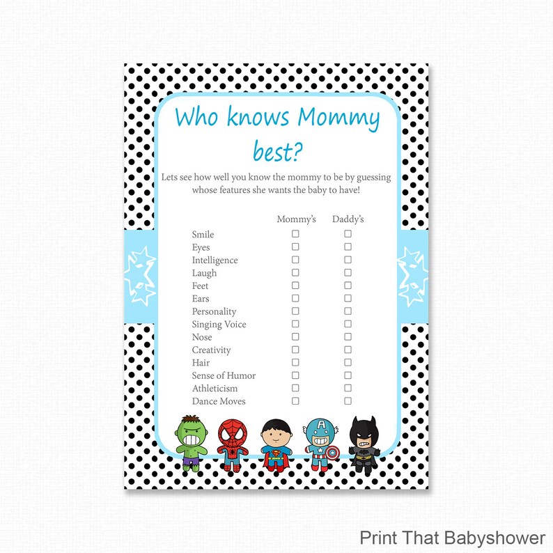 Superhero Baby Shower Who Knows Mommy Best Printable Superhero Baby Shower Game Digital Instant Download Superhero Shower Game image 1