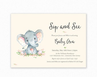 Sip and See Invitation - Elephant Sip and See - Baby Girl Sip and See - Printable Invitation - Elephant Sip and See Invite - Pink Elephant