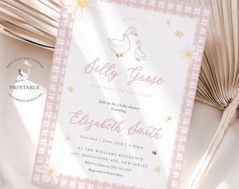 Silly Goose Baby Shower Invitations - Mother Goose Invitation - Pink Gingham - Digital or Printable Invite