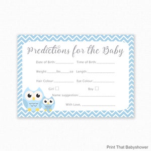 Jeux de baby shower - Jeu de prédictions de bébé - Carte de prédiction de bébé, Jeux de douche Blue Owl, Carte de prédiction Owl, Blue Owl