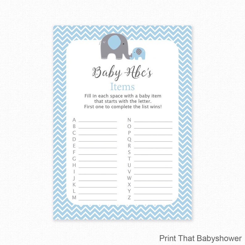 Baby Shower Games Baby Items ABC Game Blue Elephant Baby Shower Blue Shower Games Baby ABC'S Game Alphabet Game Blue Elephant image 1