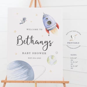 Letrero de bienvenida para baby shower - Letreros imprimibles para baby shower espacial - Bienvenido al baby shower - Personalizado - Cohete espacial - Astronauta