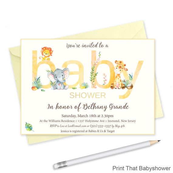 Neutral Baby Shower Invitations - Elephant Baby Shower, Printable Invitation, Yellow Elephant Baby Shower Invites, Jungle Friends Invitation Il_570xn