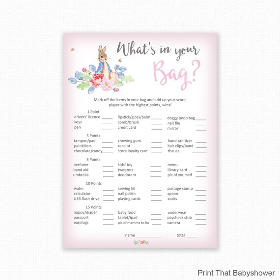 What's In Your Purse Game? - Baby Shower Games - Peter Rabbit Baby Shower - Peter Rabbit Shower Games - Shower Games - Peter Rabbit - Leaf Il_570xn