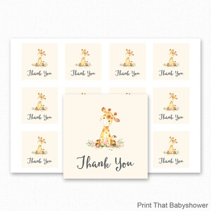 May include: A set of baby shower thank you cards featuring a watercolor giraffe illustration. The giraffe is sitting among flowers. The words "Thank You" are written in a script font. The cards are on a cream-colored background.