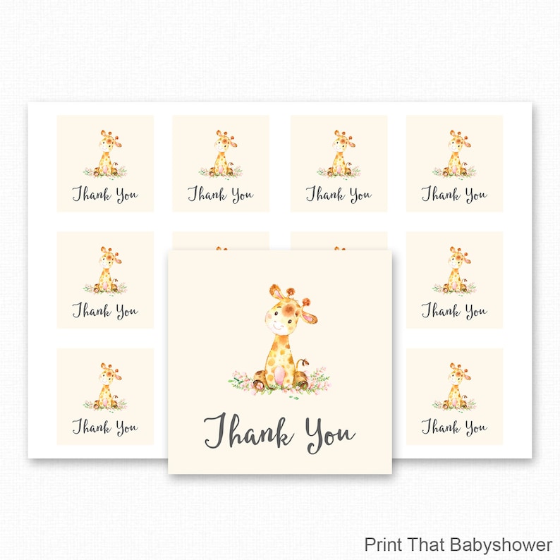 May include: A set of baby shower thank you cards featuring a watercolor giraffe illustration. The giraffe is sitting among flowers. The words "Thank You" are written in a script font. The cards are on a cream-colored background.