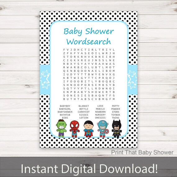 Baby Shower Games - Baby Shower Word Search Game - Superhero Baby Shower - Superhero Shower Games - Baby Names Game - Super Hero Il_570xn