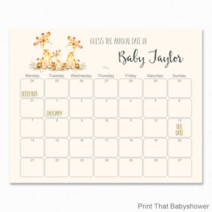 Giraffe Baby Shower, Guess The Due Date - Baby Shower Games - Baby Shower Birthday Prediction - Printable Baby Shower Due Date Calendar Game