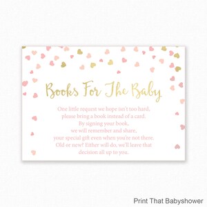 Baby-Dusche-Einladungs-Einlage - Rosa Herzen Bücher für Baby - Baby-Dusche-Einlagen - Einladungs-Einlage, Bücher für das Baby-Karte, Rosa und Gold