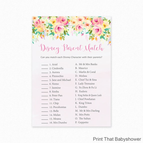Baby Shower Games Disney Parent Match Game Disney Characters