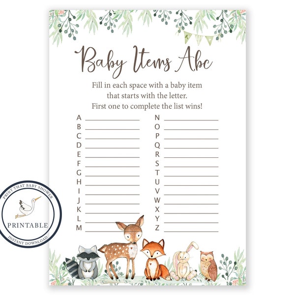 Baby Shower Games - Baby Items ABC Game - Woodland Baby Shower - Fox Shower Games - Baby ABC'S Game - Alphabet Game - Woodland