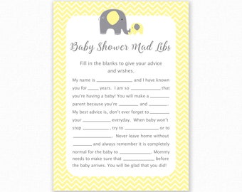 Baby Shower Game - Neutral Baby Shower - Baby Mad Libs - Yellow Elephant Baby Shower Printable - Baby Shower Mad Libs Game, Yellow Elephant