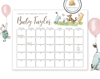 Guess The Due Date - Classic Winnie The Pooh Baby Shower Game - Baby Shower Birthday Prediction | Due Date Calendar Game | Winnie The Pooh