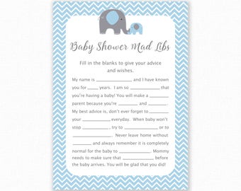 Baby Shower Game - Blue Baby Shower - Baby Mad Libs - Blue Elephant Baby Shower Printable - Baby Shower Mad Libs Game - Blue Elephant