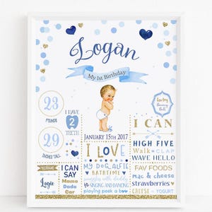 First Birthday Poster, Blue Confetti, Baby Boy First Birthday Milestone Sign, Floral 1st Birthday Chalkboard Sign, 1st Birthday Poster