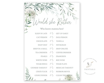 Baby Shower Game - Greenery Baby Shower - Would She Rather - Botanical Baby Shower Printable - Who Knows Mommy Best - Botanical Greenery