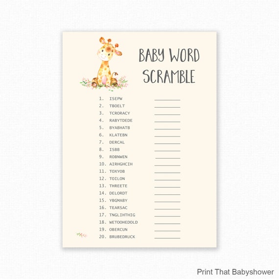 Baby Shower Games Baby Word Scramble Game Giraffe Baby Shower Giraffe Shower Games Baby Names Game Giraffe By Print That Baby Shower Catch My Party