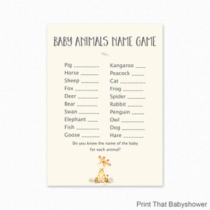 Baby Shower Games - Baby Animals Name Game - Giraffe Baby Shower - Giraffe Shower Game - Baby Animals Shower Game - Giraffe