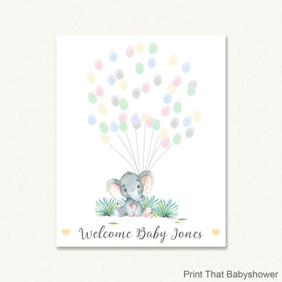 Baby Shower Fingerprint Guest Book - Elephant Baby Shower - Personalized Alternative Guest Book - Fingerprint Tree - Jungle Elephant Il_570xn