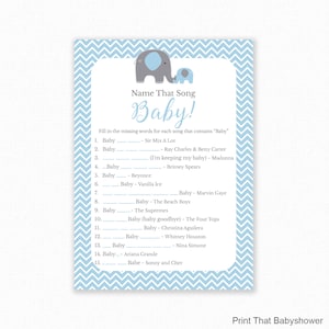 Baby Shower Game Blue Baby Shower Name That Song Baby Blue Elephant Baby Shower Printable Baby Shower Song Trivia, Blue Elephant image 1