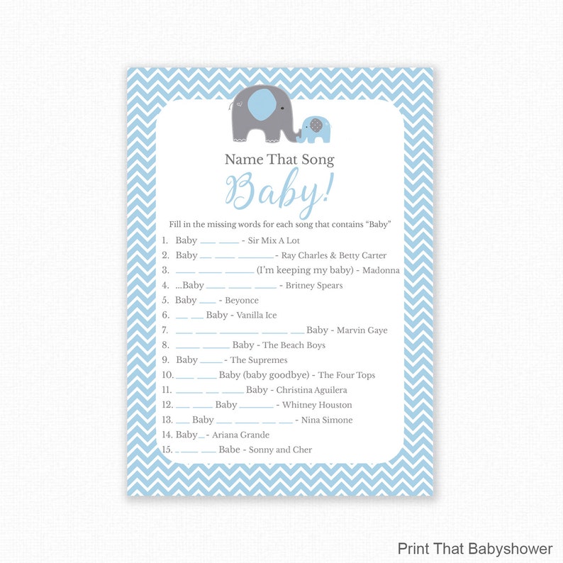 Baby Shower Game Blue Baby Shower Name That Song Baby Blue Elephant Baby Shower Printable Baby Shower Song Trivia, Blue Elephant image 1