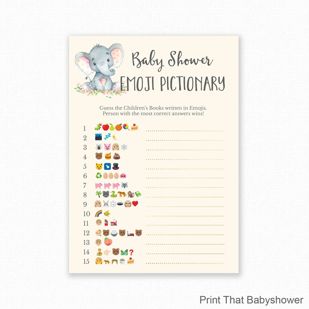 Baby Shower Game - Pink Baby Shower - Emoji Pictionary - Pink Elephant ...