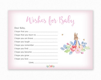 Peter Rabbit-babyshowerspel - Wishes For Baby Card - Flopsy Rabbit - afdrukbaar