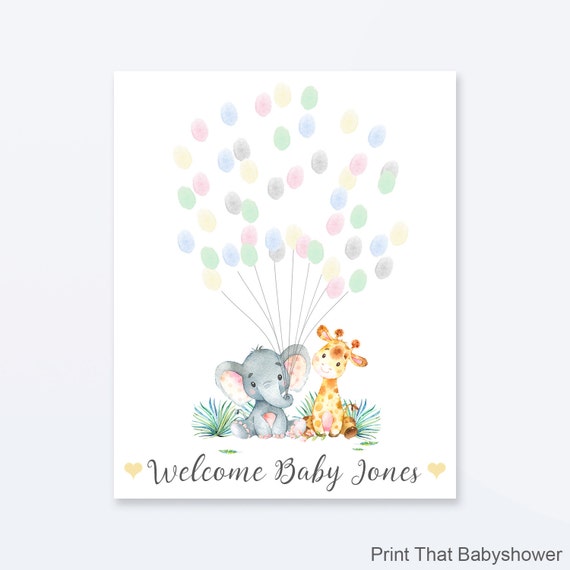 Baby Shower Fingerprint Guest Book - Elephant Giraffe Baby Shower - Personalized Alternative Guest Book - Fingerprint Tree - Jungle Friends Il_570xn