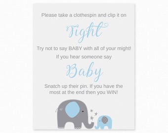 Don't Say Baby - Baby Shower Game Sign - Blue Elephant Baby Shower, Printable Instant Download, Baby Shower Activites, Blue Baby Shower Game