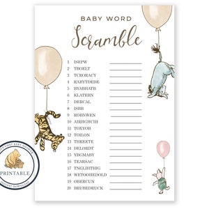 Baby Shower Games - Baby Word Scramble Game - Winnie the Pooh Baby Shower - Classic Pooh Shower Game - Baby Names Game - Pooh Bear