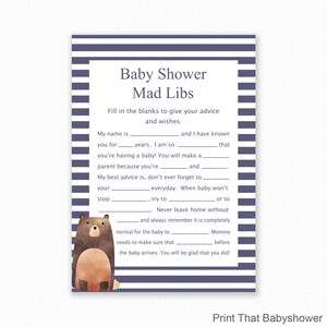 Baby Shower Game - Woodland Baby Shower - Baby Mad Libs - Blue Bear Baby Shower Printable - Baby Shower Mad Libs Game - Blue Bear - Woodland
