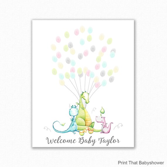 Baby Shower Fingerprint Guest Book, Dragon Giraffe Baby Shower - Personalized Alternative Guest Book - Fingerprint Tree - Very Scary Dragons Il_570xn