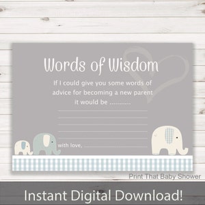 May include: A gray baby shower advice card with the text "Words of Wisdom." The card features illustrations of elephants and a blue and white gingham border. The text "Instant Digital Download!" is at the bottom.