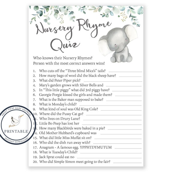 Nursery Rhyme Quiz Game - Baby Shower Game - Elephant Baby Shower - Botanical baby Shower - Nursery Rhyme Game - Greenery Shower