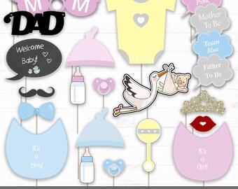 Baby Shower Photo Booth Props - 23 Oggetti di scena per baby shower - È una ragazza - È un ragazzo - Rivelazione di genere - Cicogna - Baffi - principessa - photoprops