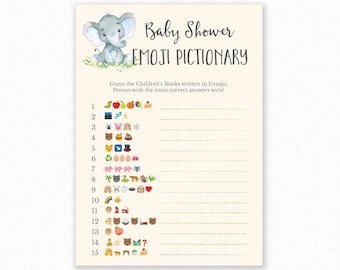 Baby Shower Game - Blue Baby Shower -  Emoji Pictionary - Blue Elephant Baby Shower Printable - Baby Shower Emoji Game, - Blue Elephant