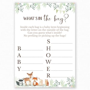 Baby Shower Games - Guess What&#39;s in the Bag Game - Baby Shower guessign game - Woodland Baby Shower - Printable Party Game - Woodland