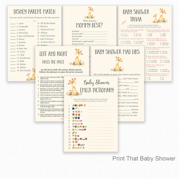 Baby Shower Game Bundle - 6 Games bundle - Giraffe Baby Shower - Giraffe Shower Games, Baby Shower Emoji, Baby Shower Trivia, Giraffe 02 Il_570xn