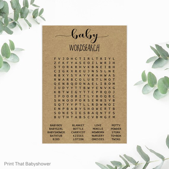 Baby Shower Word Search Game - Baby Shower Games - Rustic Baby Shower - Gener Neutral Shower Games - Baby Names Game - Woodland Rustic Kraft Il_570xn