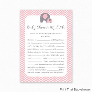Baby Shower Game - Pink Baby Shower - Baby Mad Libs - Pink Elephant Baby Shower Printable - Baby Shower Mad Libs Game - Pink Elephant