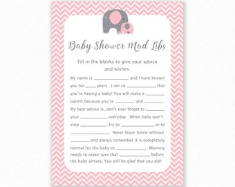 Baby Shower Game - Pink Baby Shower - Baby Mad Libs - Pink Elephant Baby Shower Printable - Baby Shower Mad Libs Game - Pink Elephant