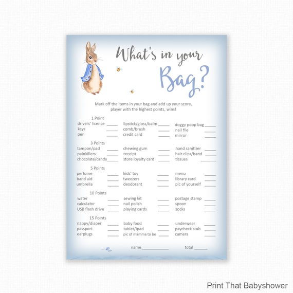 What's In Your Purse Game? - Baby Shower Games - Peter Rabbit Baby Shower - Peter Rabbit Shower Games - Shower Games - Peter Rabbit - Leaf Il_570xn