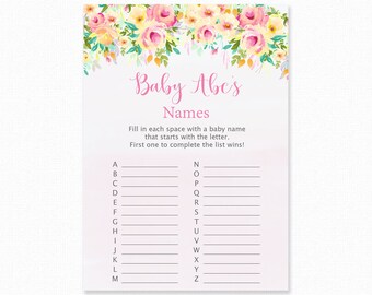 Baby Shower Games - Baby Name ABC Game - Floral Baby Shower - Floral Shower Games - Baby Name ABC'S Game - Alphabet Game - Peaches and Cream