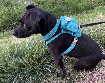 Arnês para cães Teal Cross-Body com mochila - macio, forte, confortável, durável, feito à mão, azul