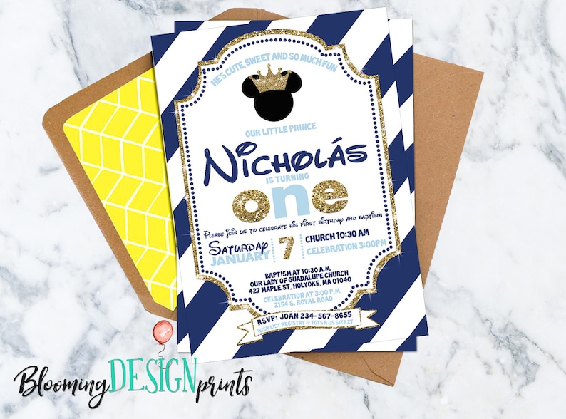 Prince Mickey Baptism and First Birthday Invitation