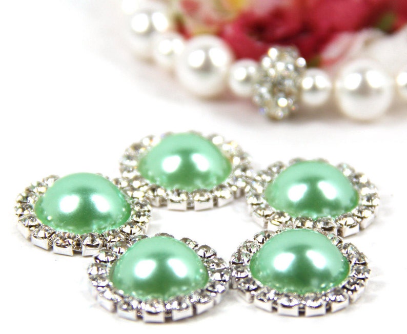 Mint Green Buttons 5 Green Pearls Surrounded wsparkling Rhinestones DIY CRAFT SHOPPE Green Pearl Cabochons 21mm Pearl Buttons -