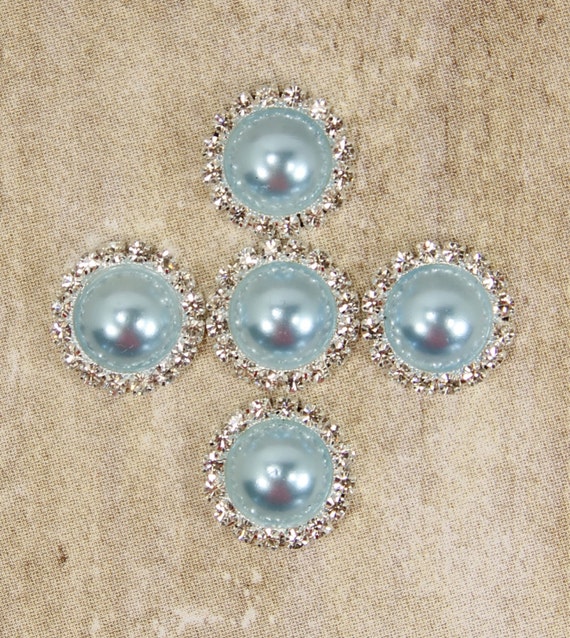 21mm aqua blue pearl rhinestone metal flat back button headband center 5 pcs