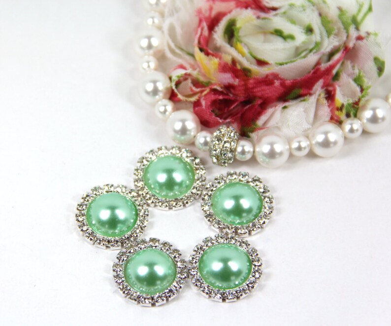 Mint Green Buttons 5 Green Pearls Surrounded wsparkling Rhinestones DIY CRAFT SHOPPE Green Pearl Cabochons 21mm Pearl Buttons -