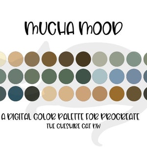 May include: A digital color palette for Procreate called "Mucha Mood" by The Cheshire Cat NW. The palette features 36 color swatches in shades of beige, brown, green, blue, and gray.
