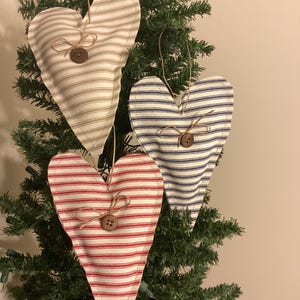 Primitive country farmhouse plush stuffed hearts, Seasonal decor.,Bowl fillers, Christmas ornaments, Homespun hearts, Set of 3